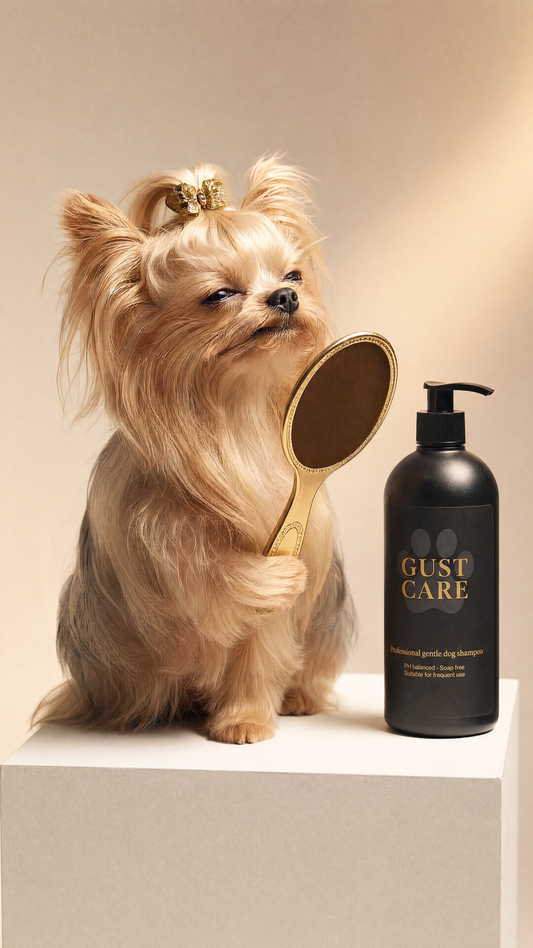 Gamme shampoing chien Gust Care 500 mL 1 L 5 L avec chihuahua