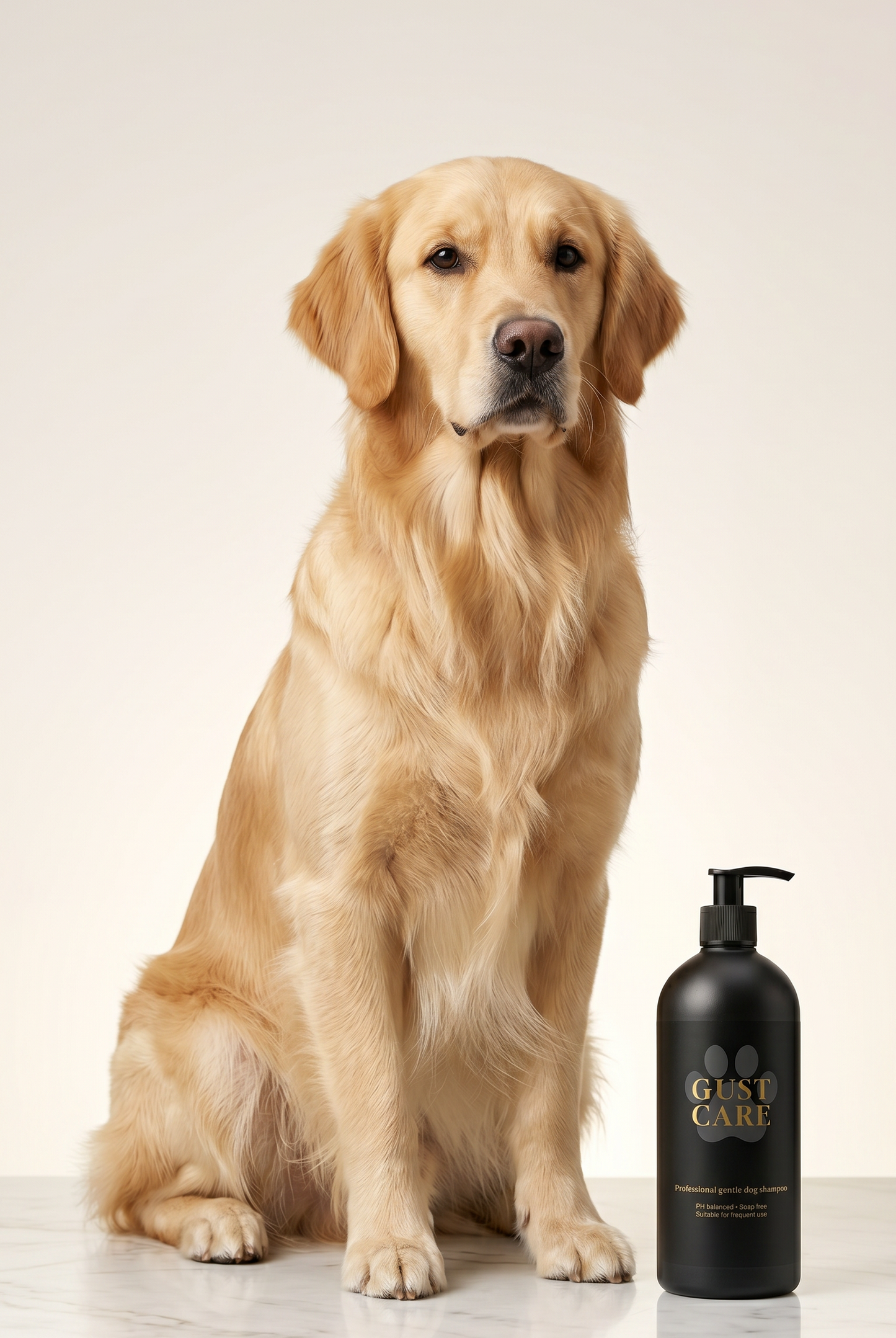 Gamme shampoing chien Gust Care 500 mL 1 L 5 L avec golden retriever
