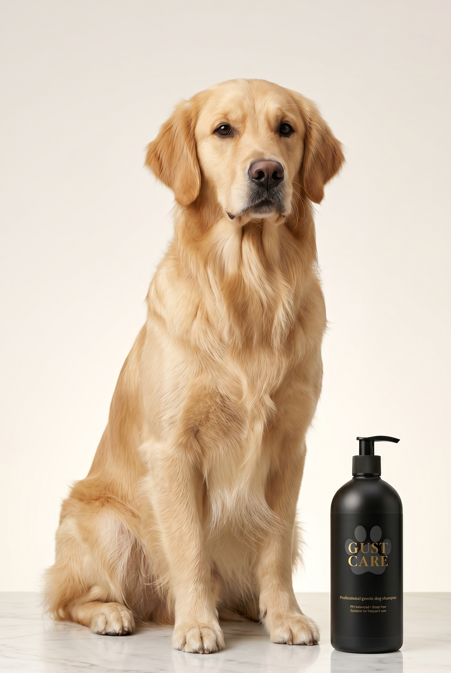 Gamme shampoing chien Gust Care 500 mL 1 L 5 L avec golden retriever